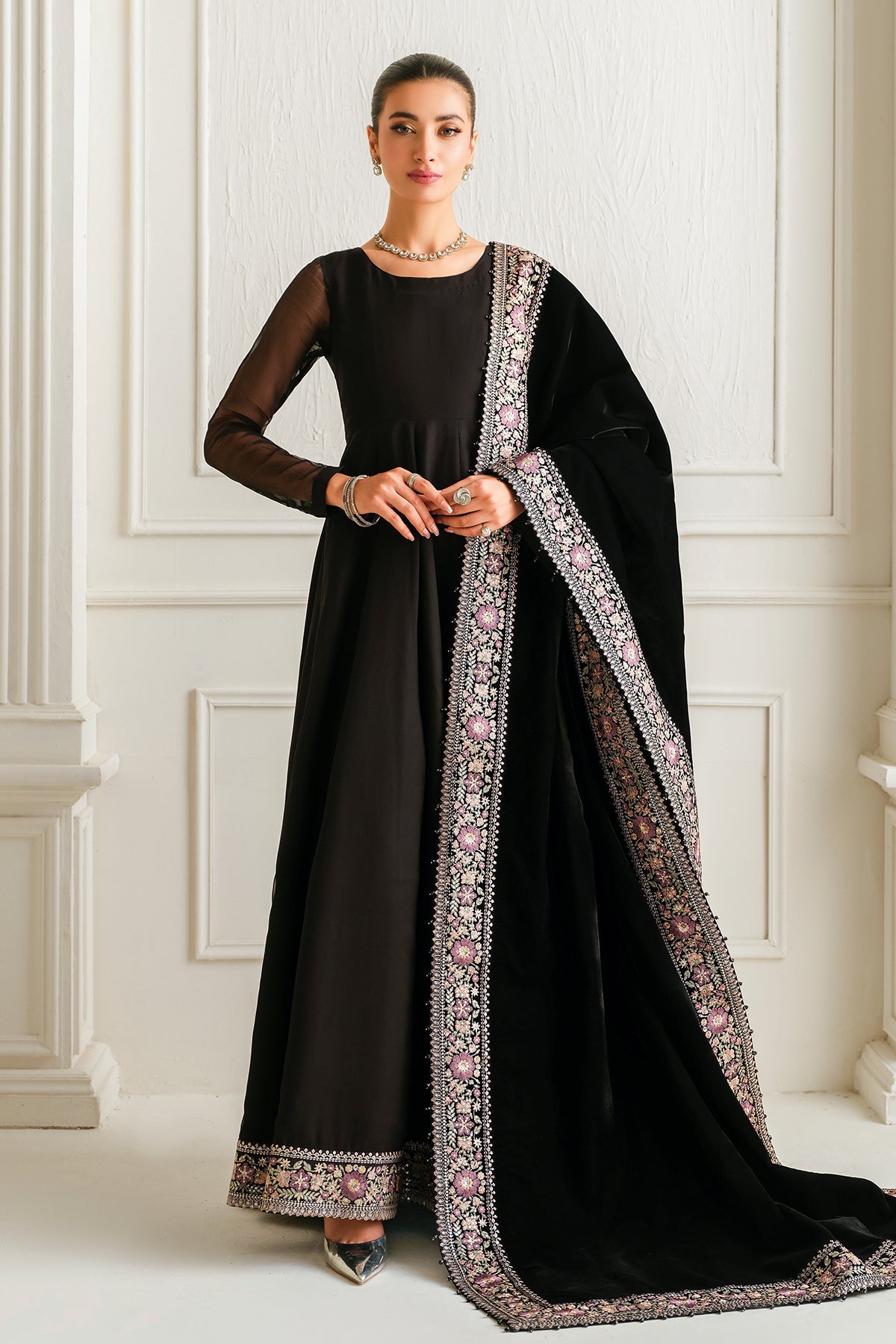 Pakistani Black Embroidered Chiffon Kalidar Dress (3-Piece) - Image 1