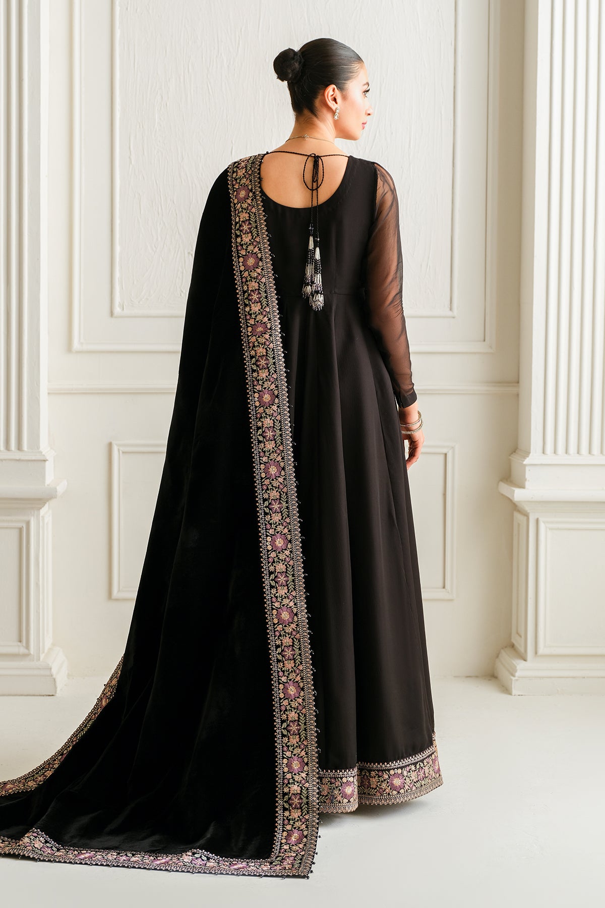 Pakistani Black Embroidered Chiffon Kalidar Dress (3-Piece) - Image 2