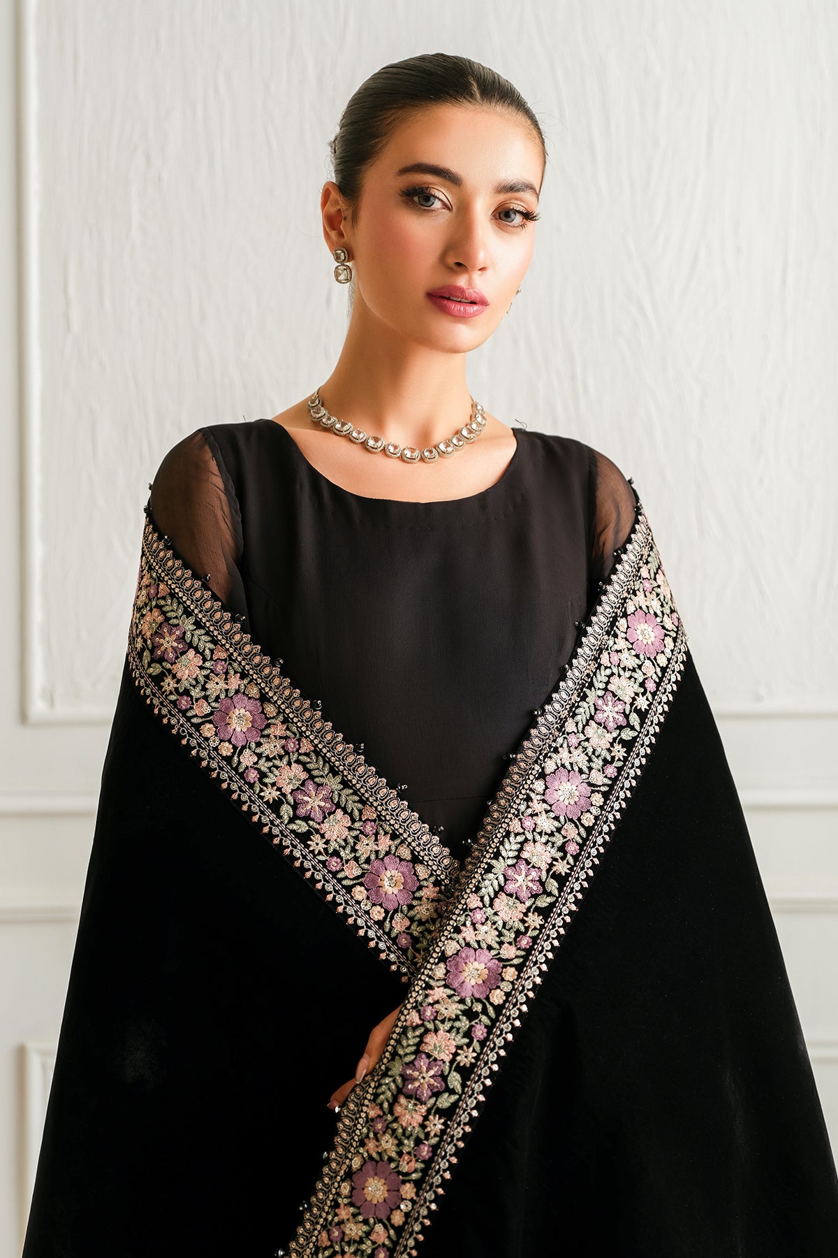 Pakistani Black Embroidered Chiffon Kalidar Dress (3-Piece) - Image 4