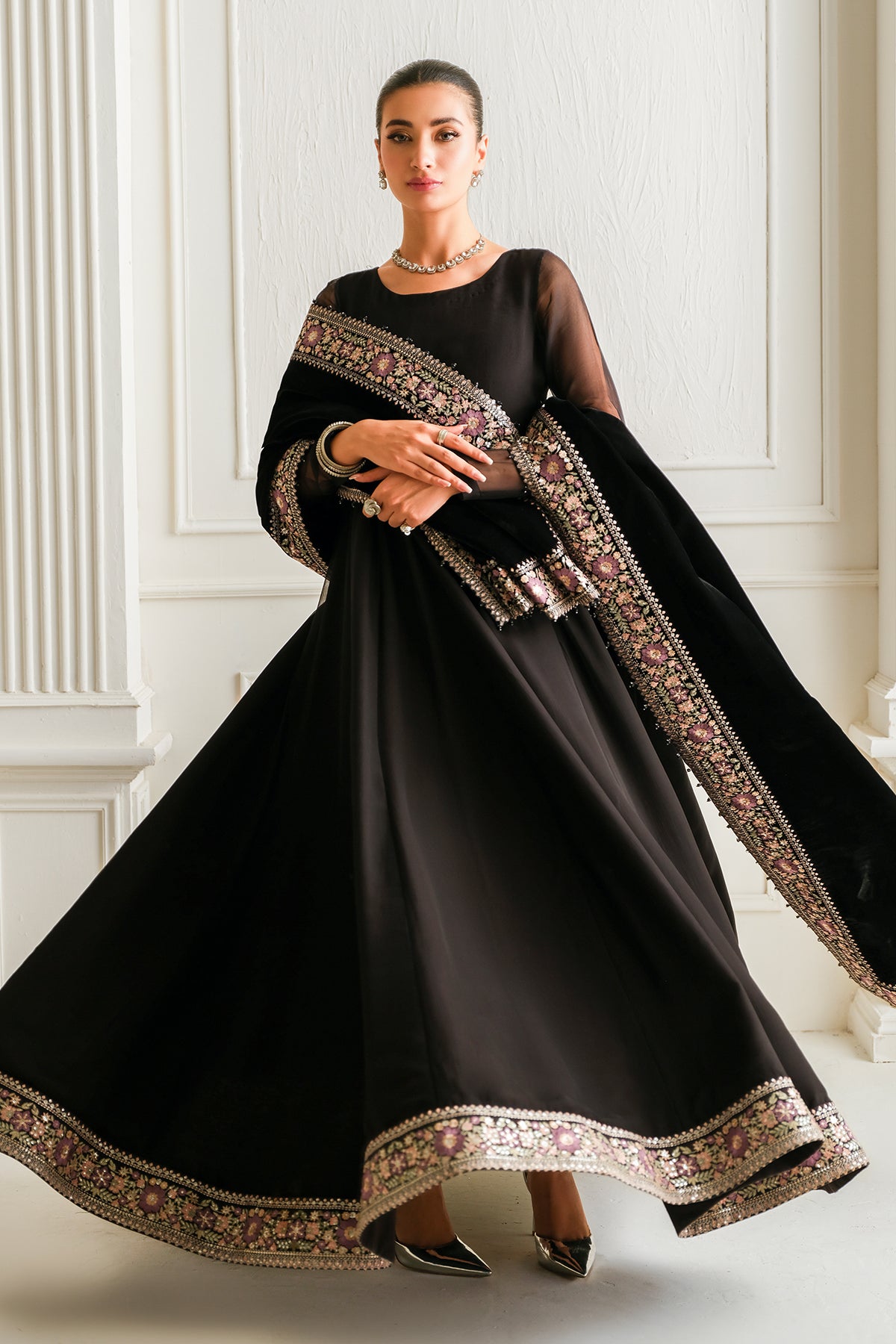 Pakistani Black Embroidered Chiffon Kalidar Dress (3-Piece) - Image 5