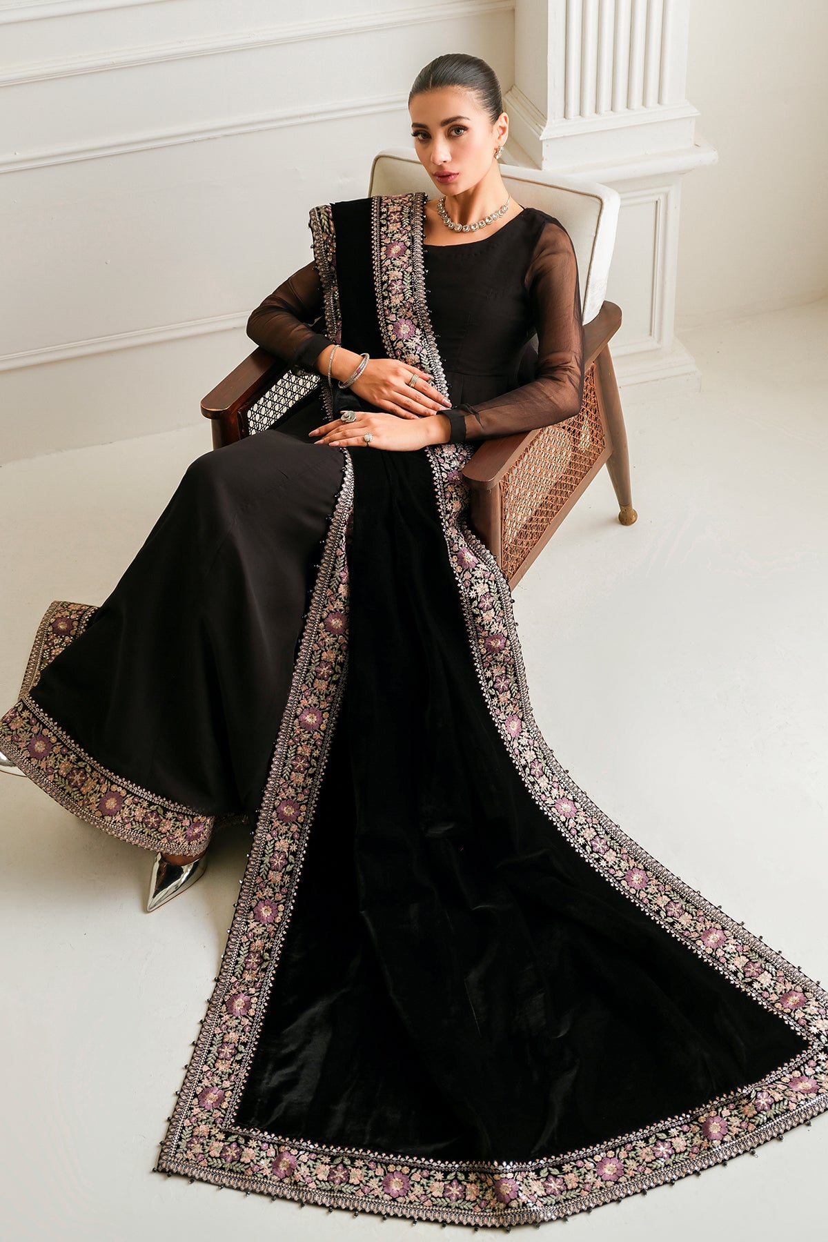 Pakistani Black Embroidered Chiffon Kalidar Dress (3-Piece) - Image 6
