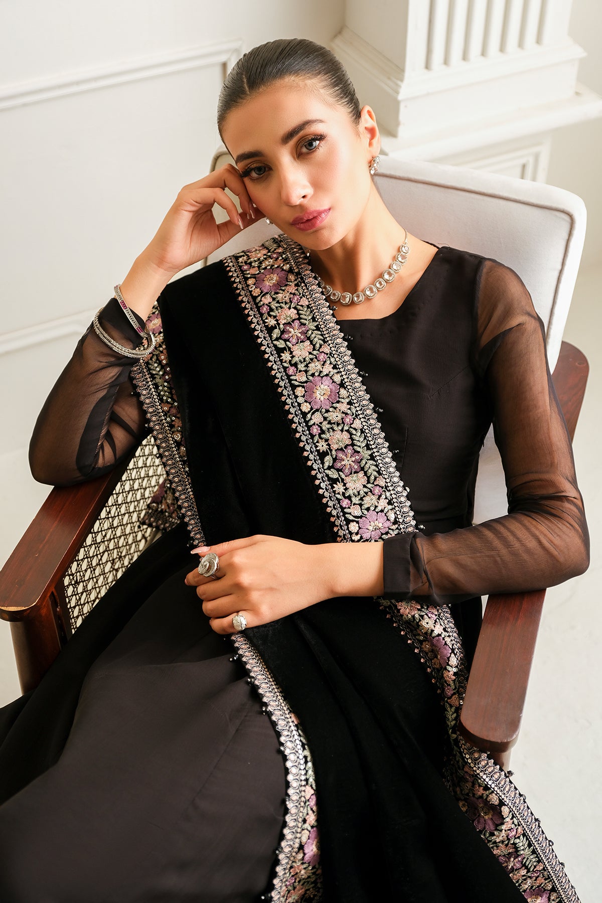 Pakistani Black Embroidered Chiffon Kalidar Dress (3-Piece) - Image 7