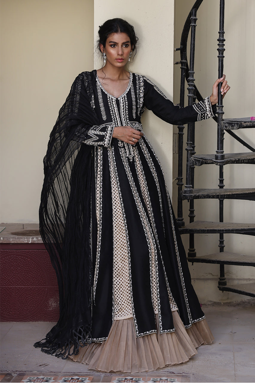 Black & Beige Beaded Khaddi Silk Kalidaar (2-Piece) - Image 1