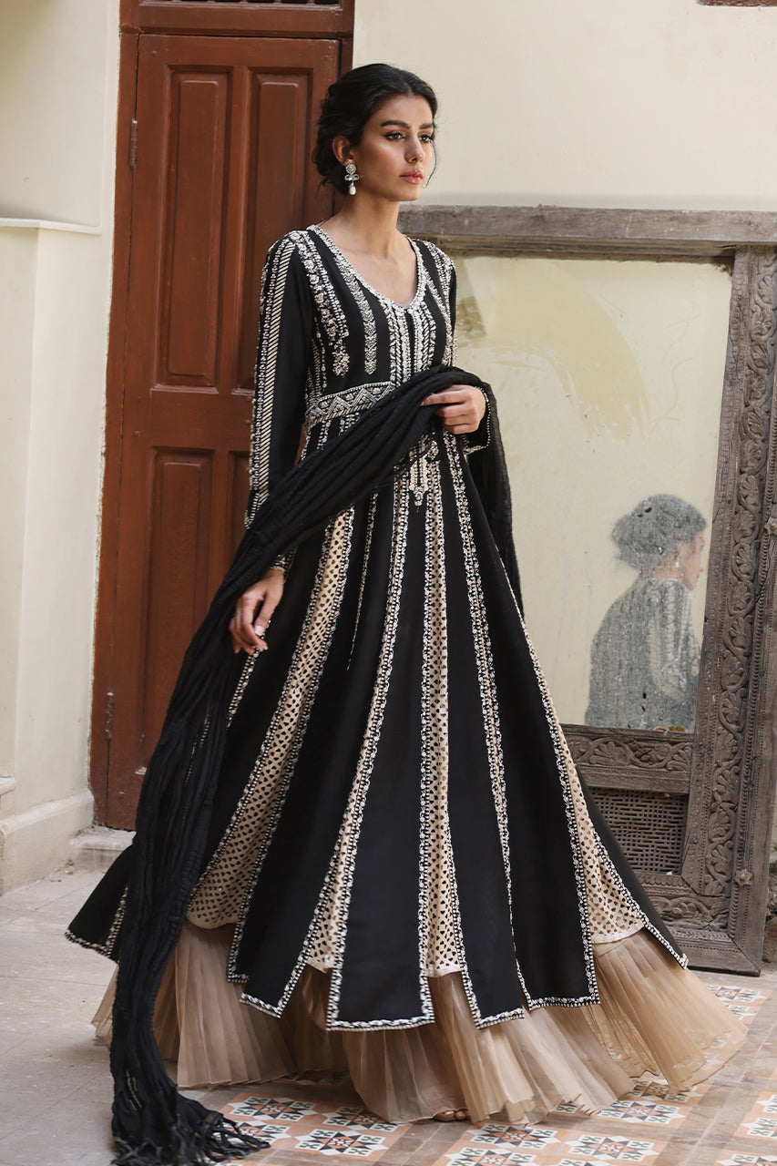 Black & Beige Beadwork Khaddi Silk Kalidaar (2-Piece) - Image 4