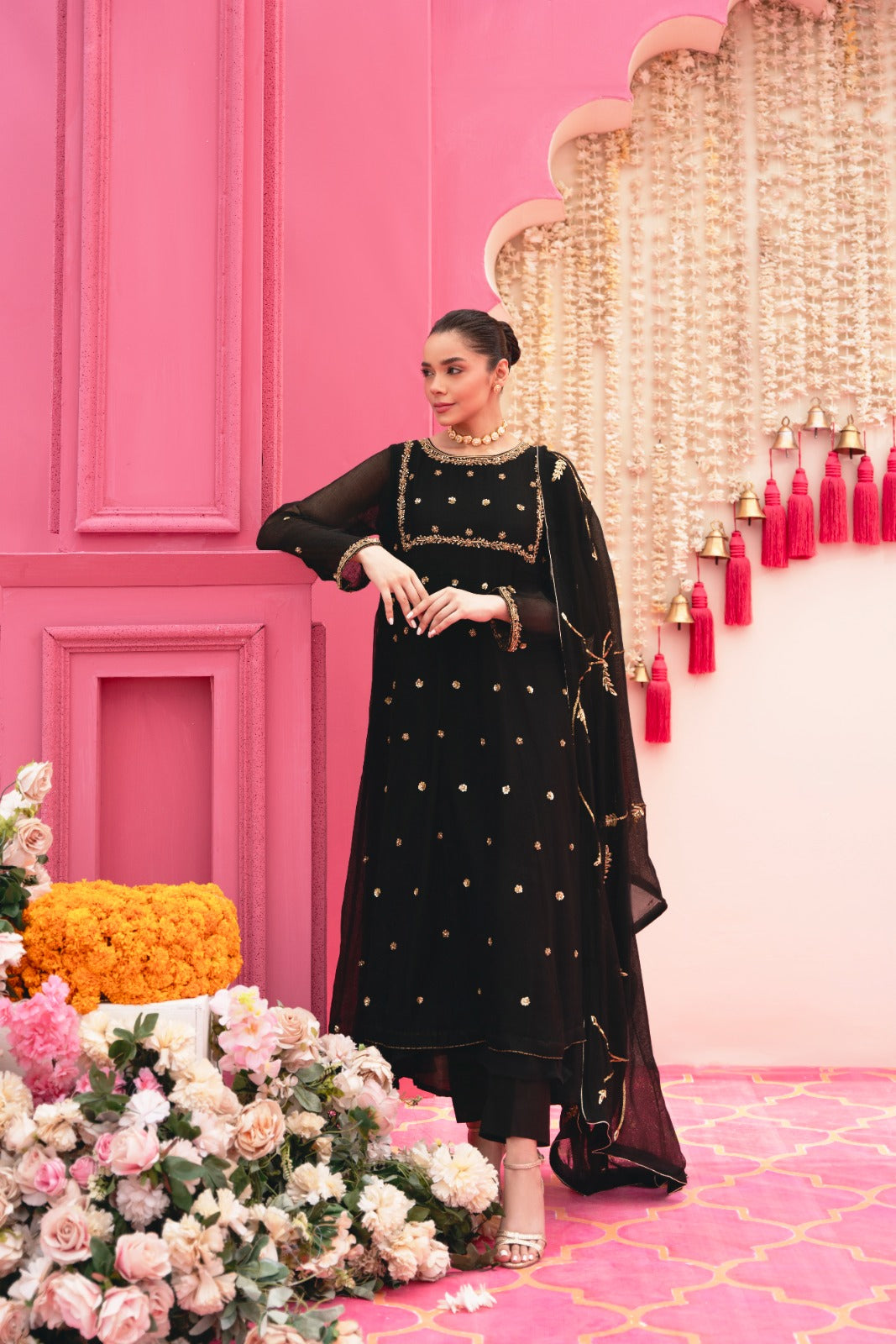 Black Antique Gold Embroidered Matte Silk Kalidaar (3-Piece) - Image 1