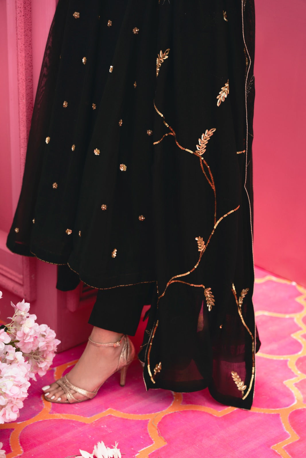 Black Antique Gold Embroidered Matte Silk Kalidaar (3-Piece) - Image 2