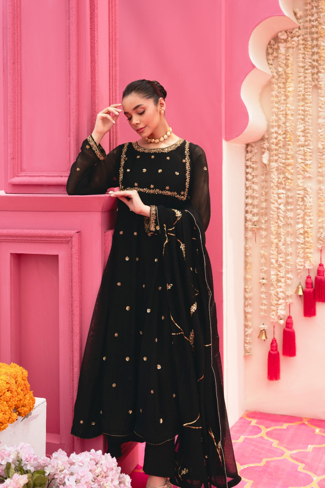 Black Antique Gold Embroidered Matte Silk Kalidaar (3-Piece) - Image 3