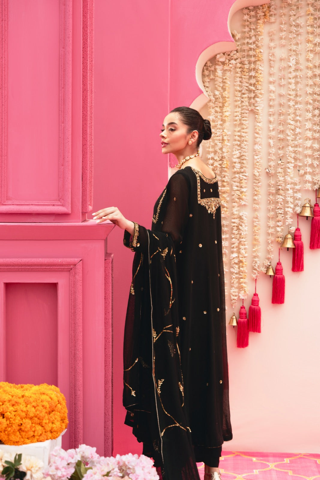 Black Antique Gold Embroidered Matte Silk Kalidaar (3-Piece) - Image 6