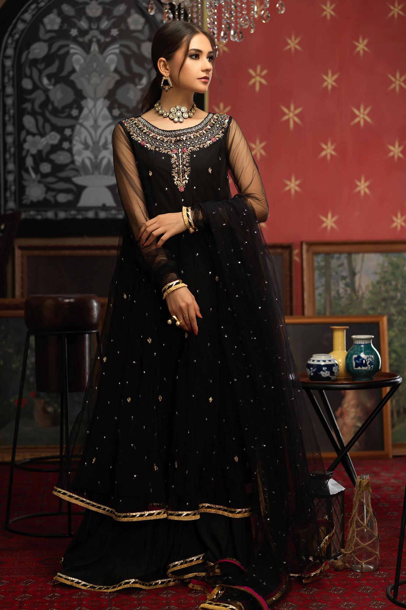 Pakistani Black Hand Embroidered Net Kalidar (3-Piece) - Image 2
