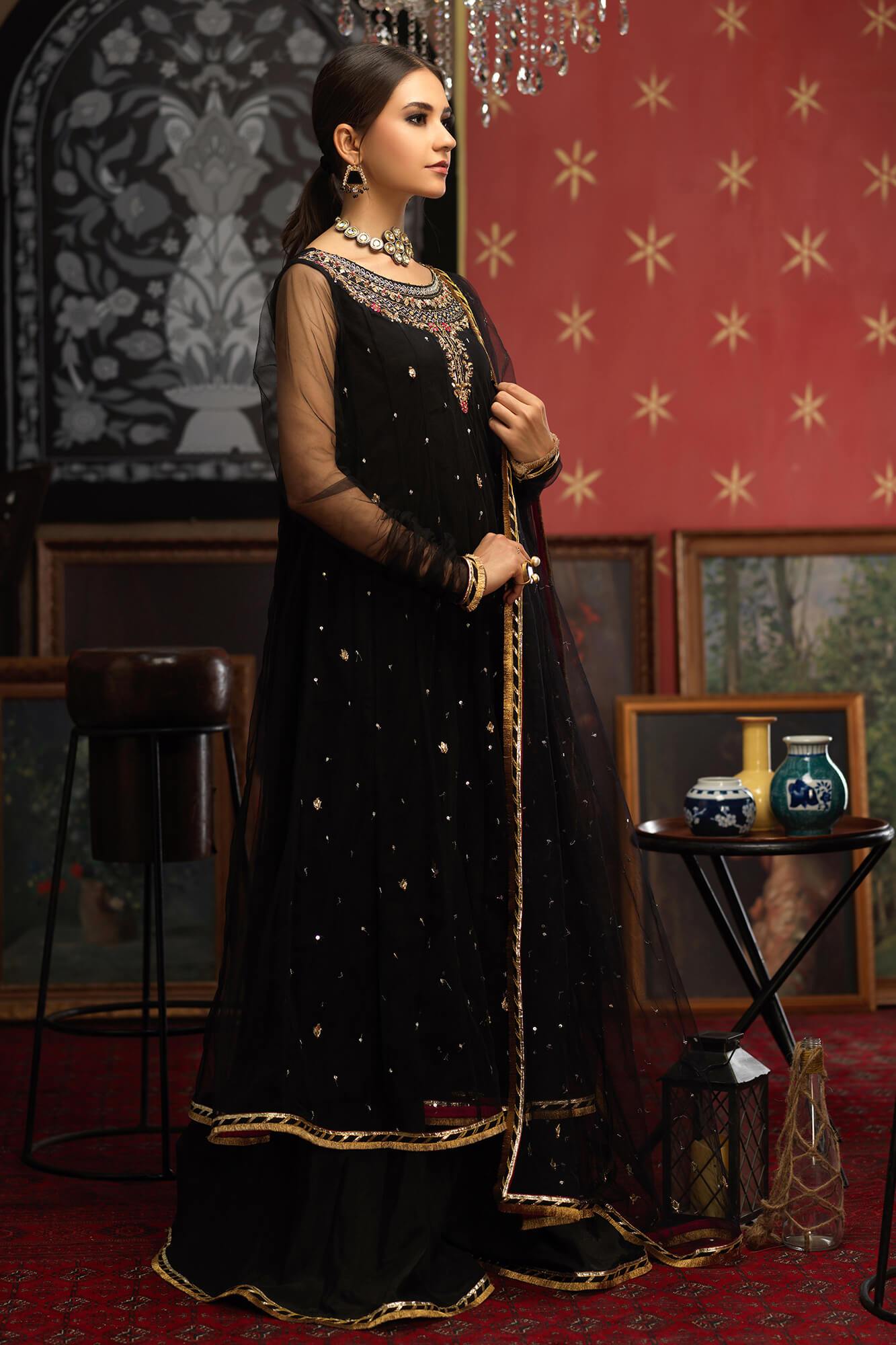 Pakistani Black Hand Embroidered Net Kalidar (3-Piece) - Image 4