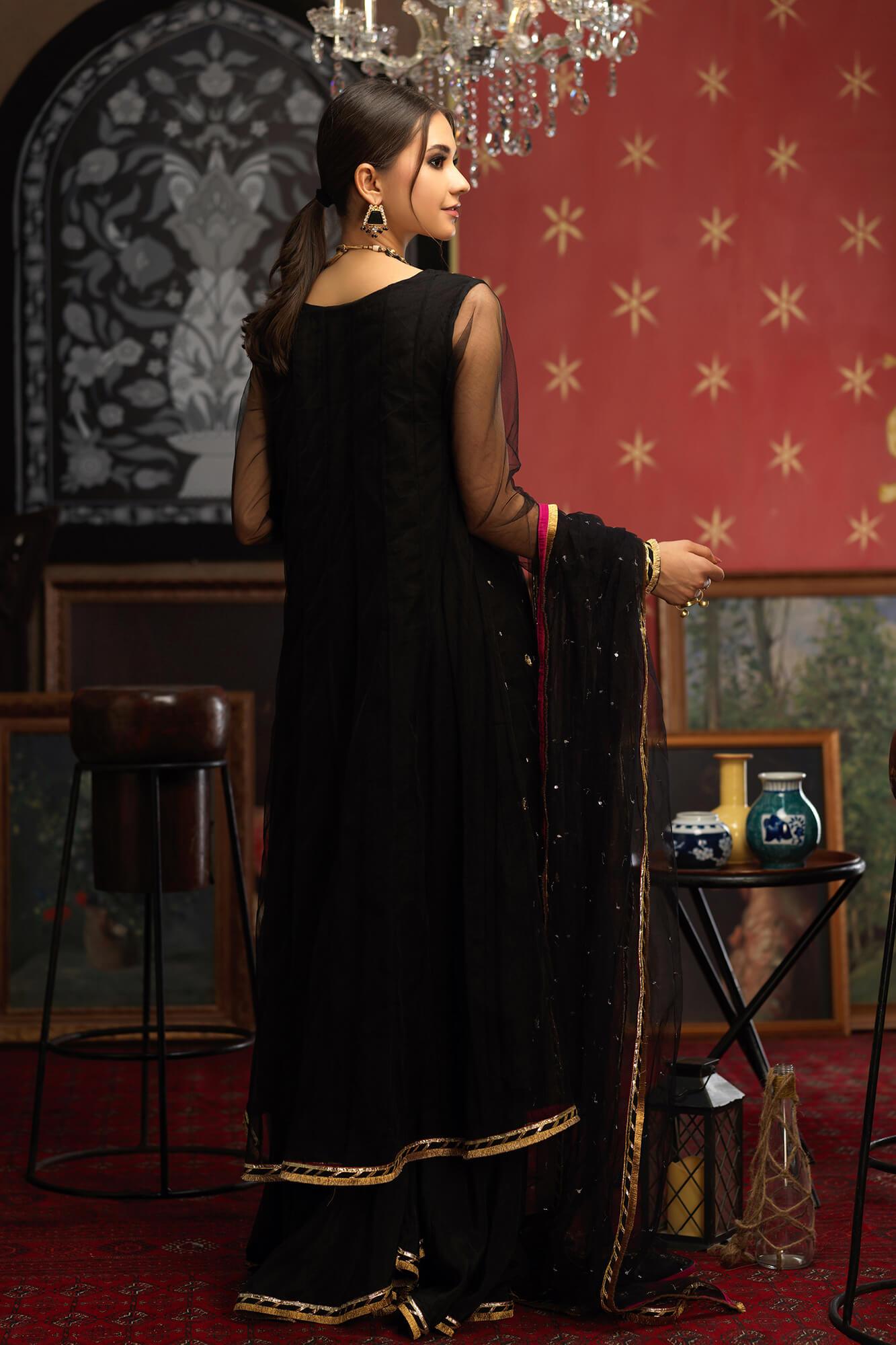 Pakistani Black Hand Embroidered Net Kalidar (3-Piece) - Image 5