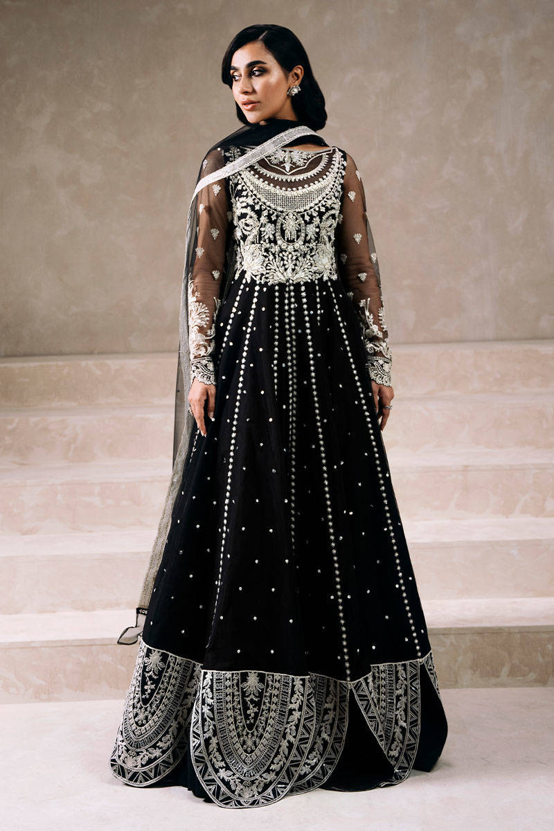 Pakistani Charcoal Black Embroidered Net Kalidaar (3-Piece) - Image 1