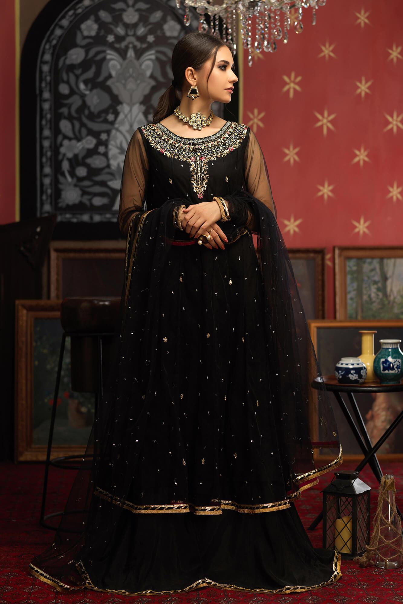 Pakistani Black Hand Embroidered Net Kalidar (3-Piece) - Image 3