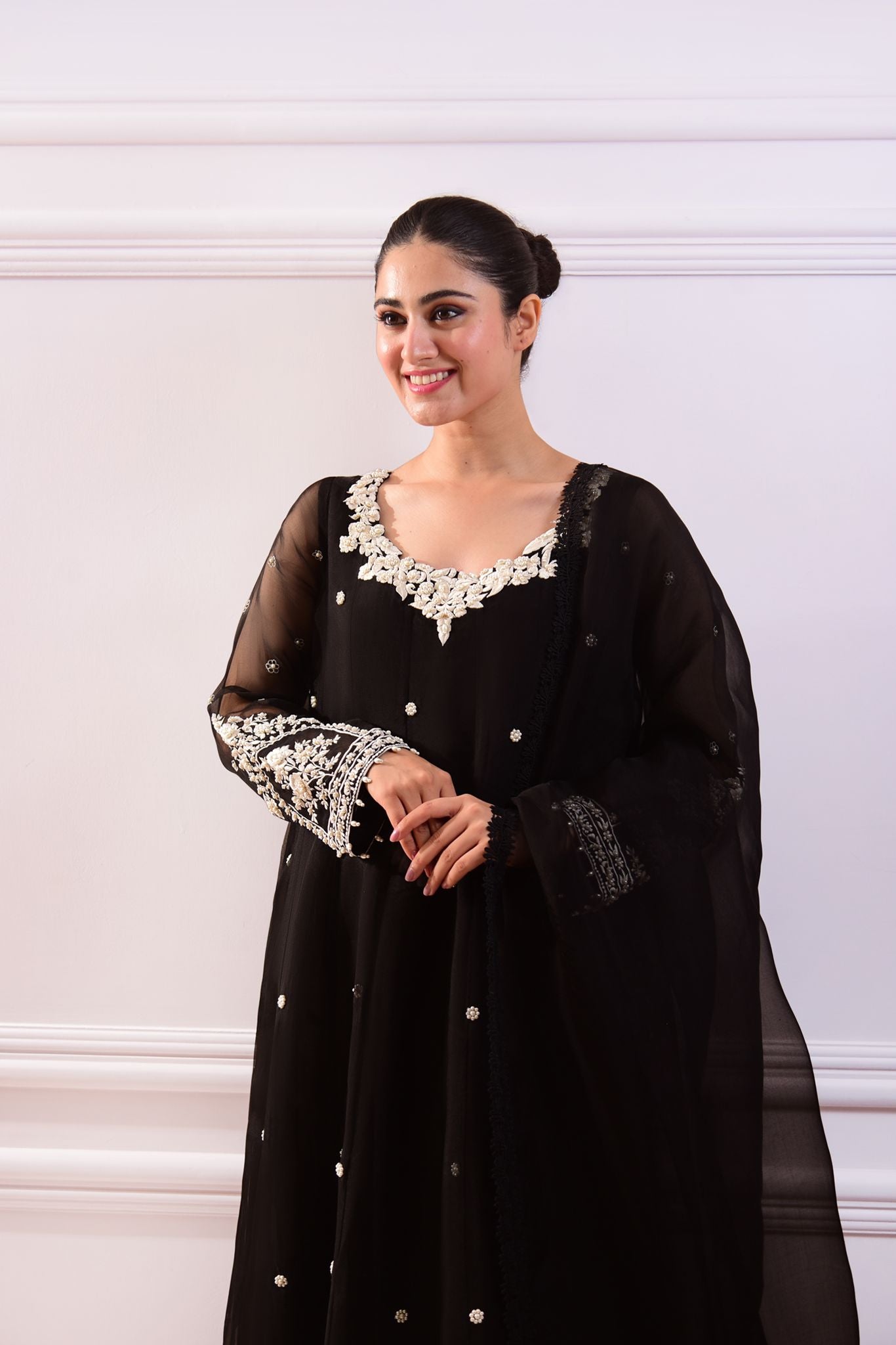 Black Embroidered Pure Organza Kalidaar (3-Piece) - Image 1