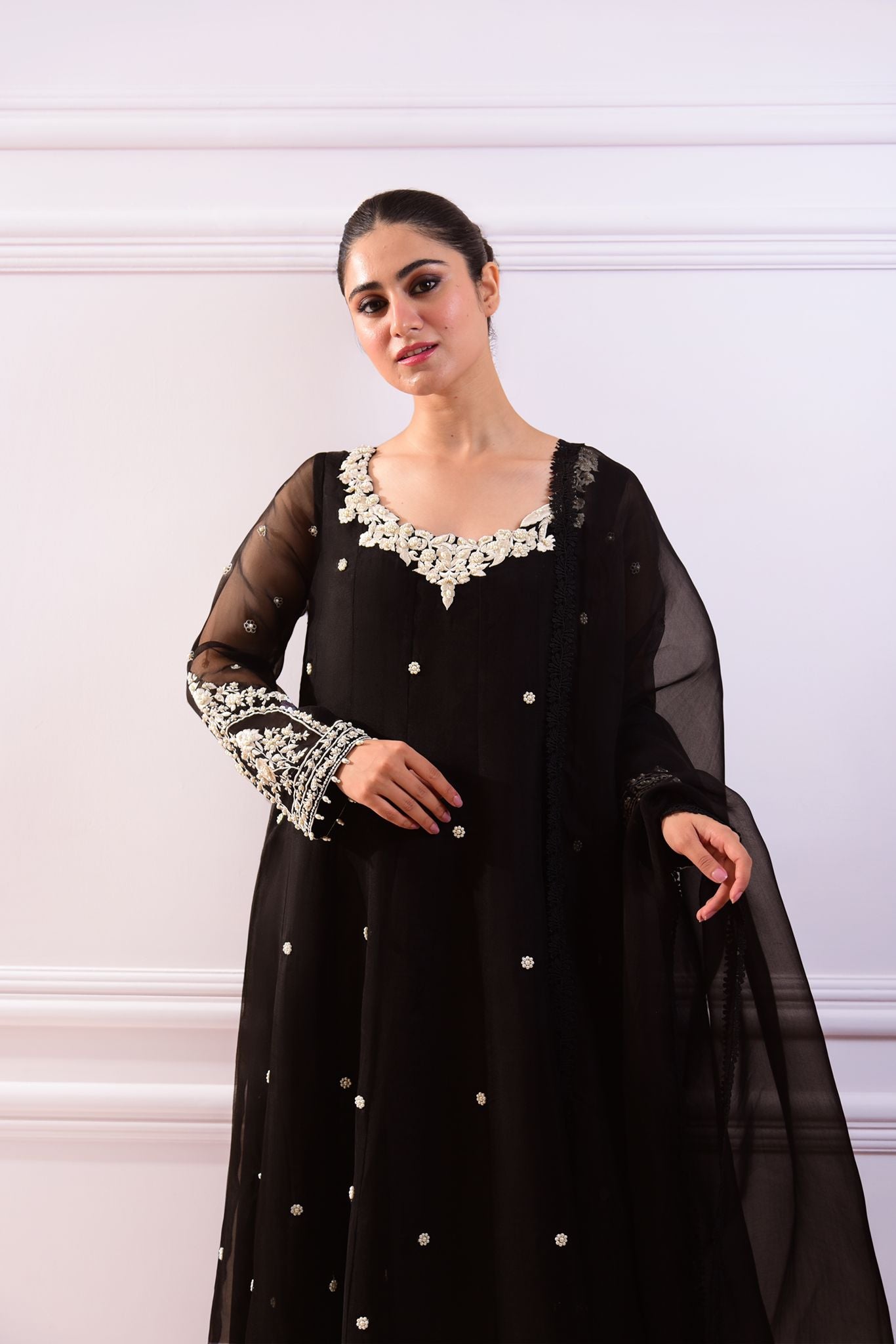 Black Embroidered Pure Organza Kalidaar (3-Piece) - Image 2