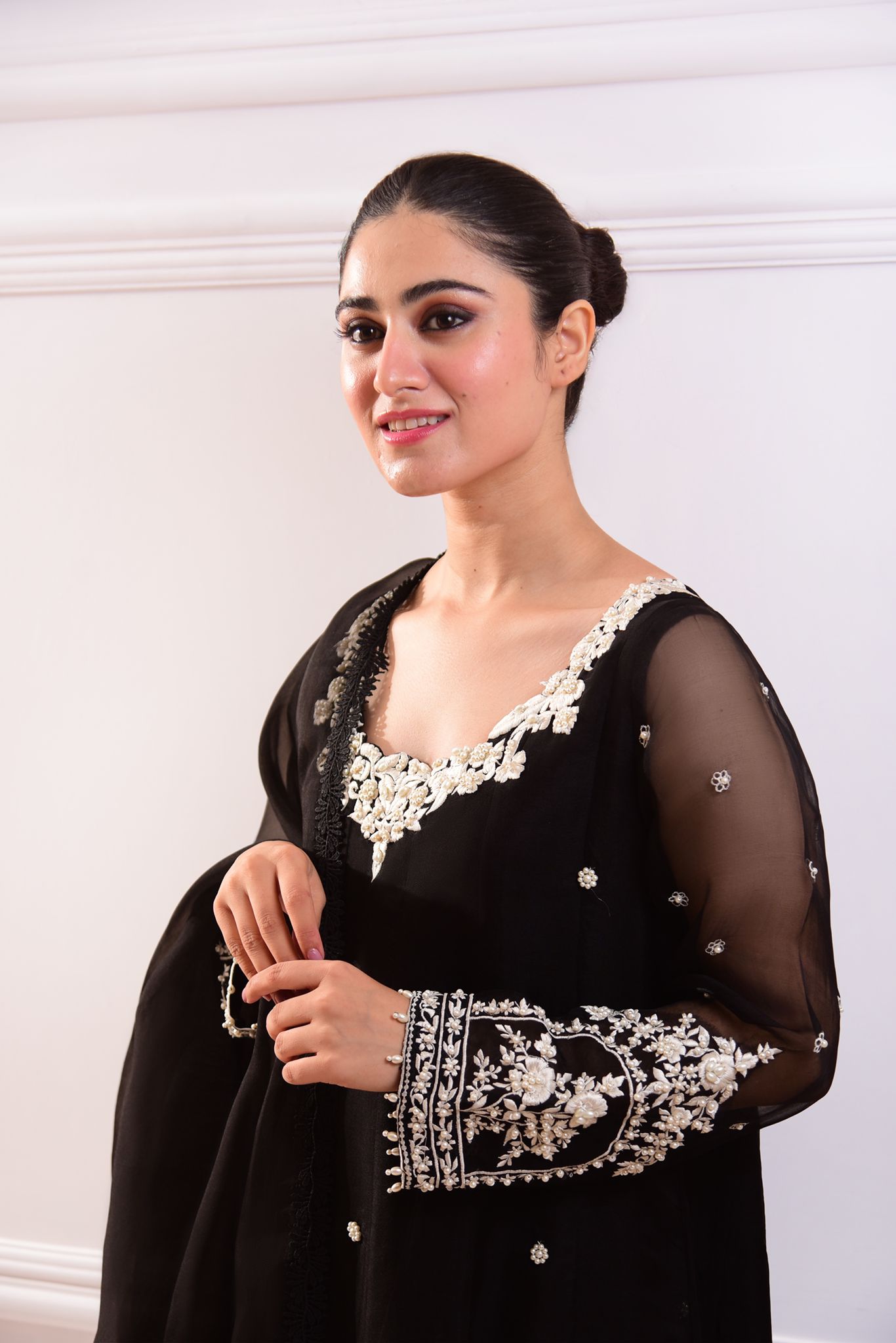 Black Embroidered Pure Organza Kalidaar (3-Piece) - Image 3