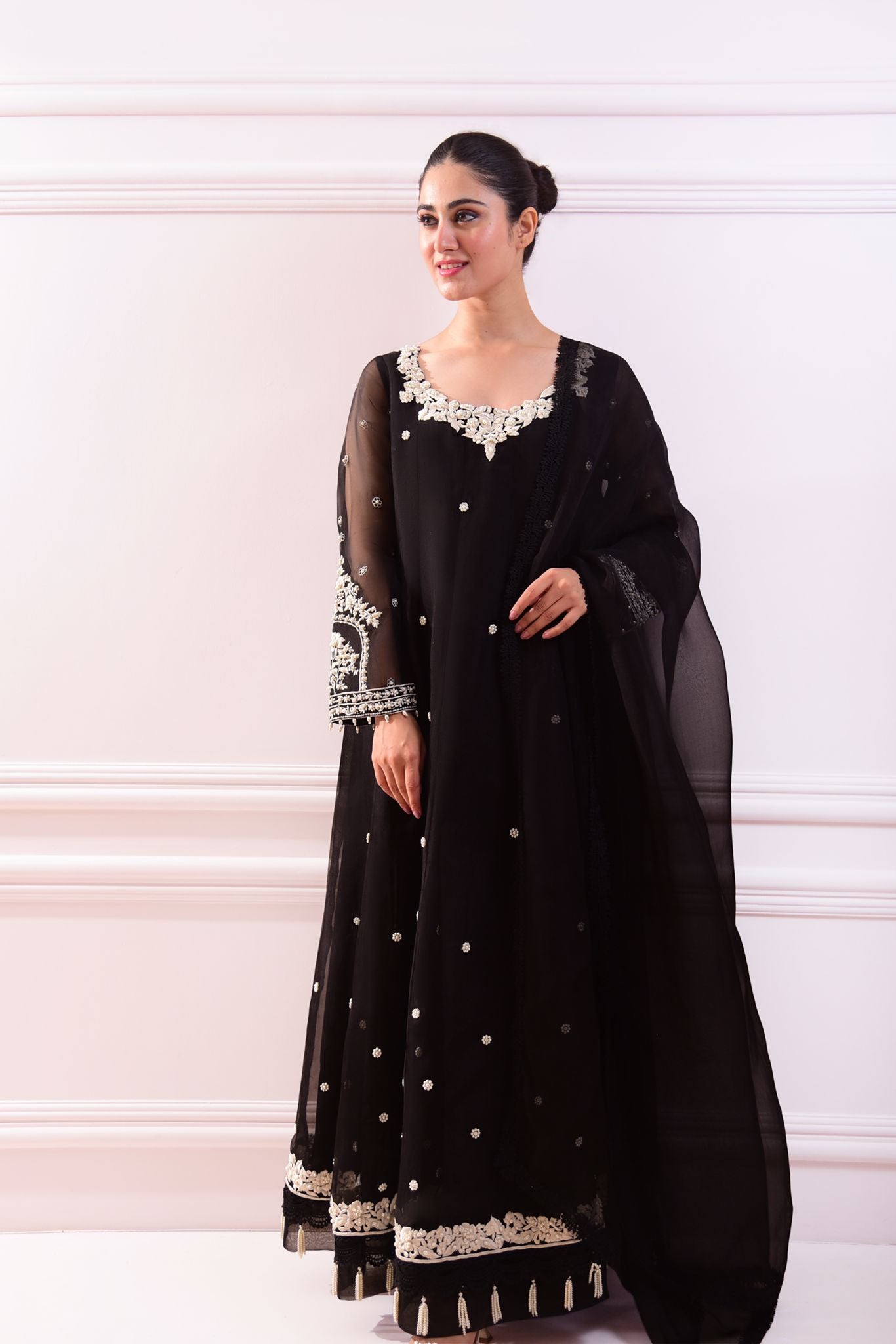 Black Embroidered Pure Organza Kalidaar (3-Piece) - Image 4