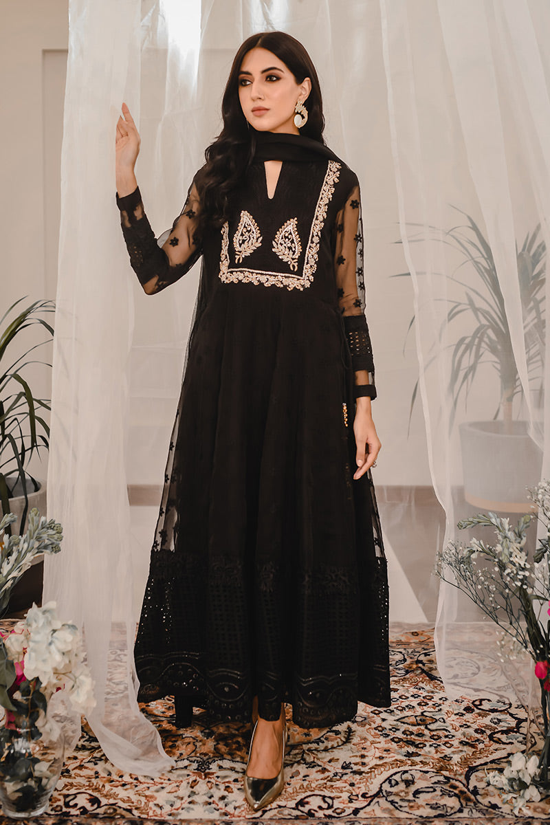 Pakistani Black Zardozi Embroidered Organza Kalidar (2-Piece) - Image 1