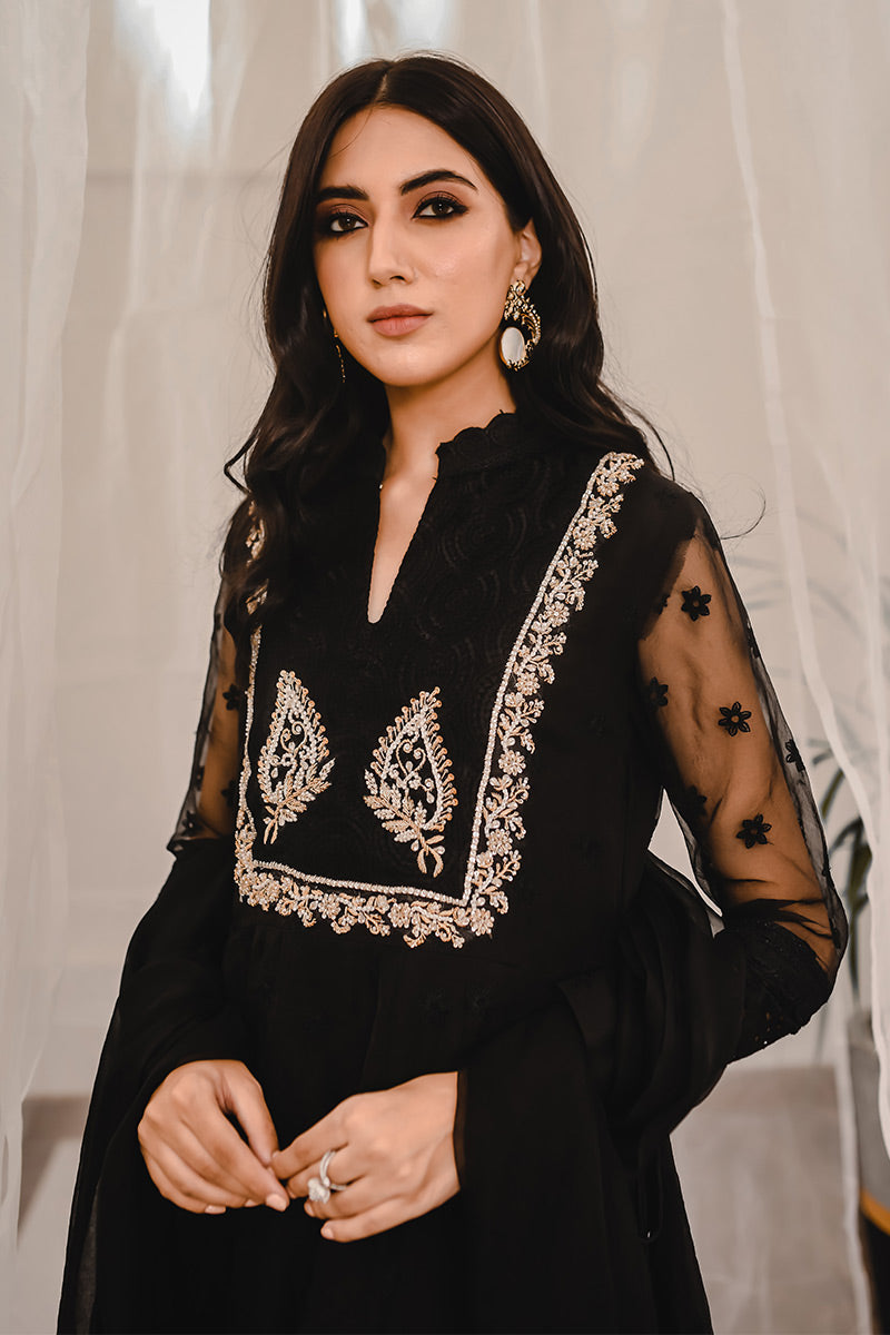 Pakistani Black Zardozi Embroidered Organza Kalidar (2-Piece) - Image 2