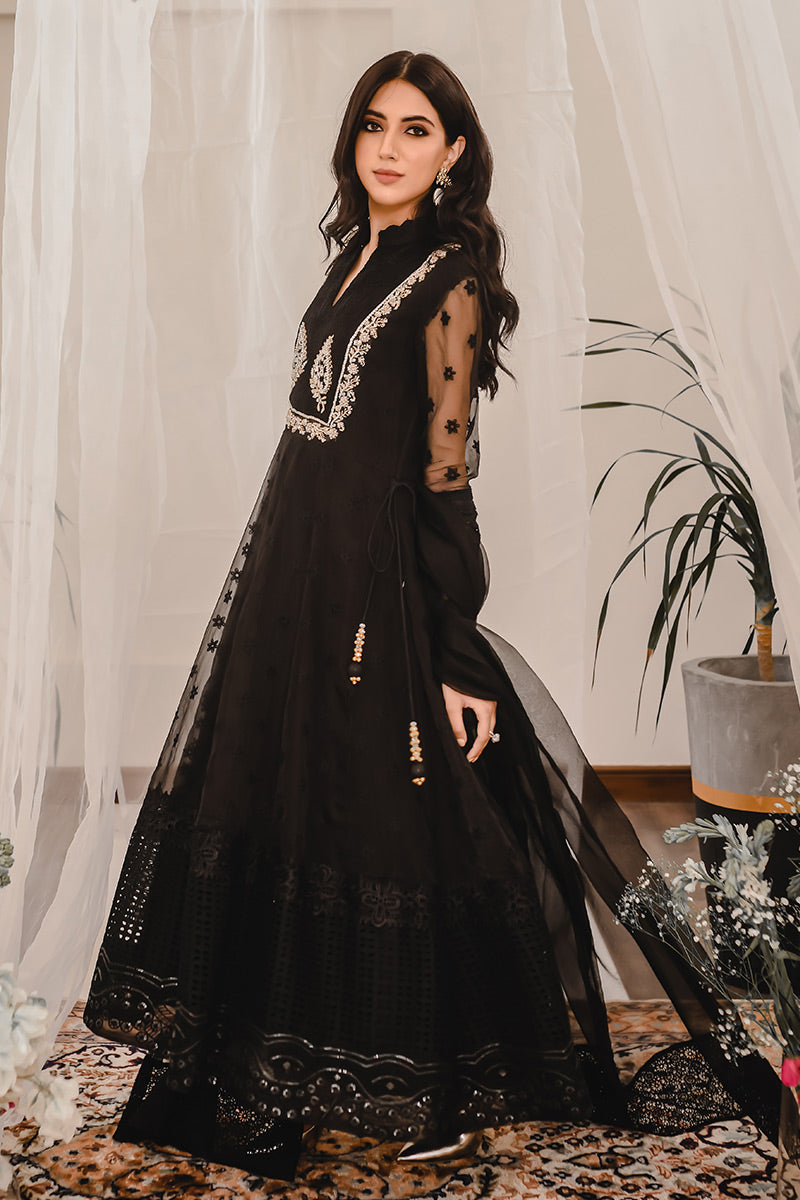 Pakistani Black Zardozi Embroidered Organza Kalidar (2-Piece) - Image 3