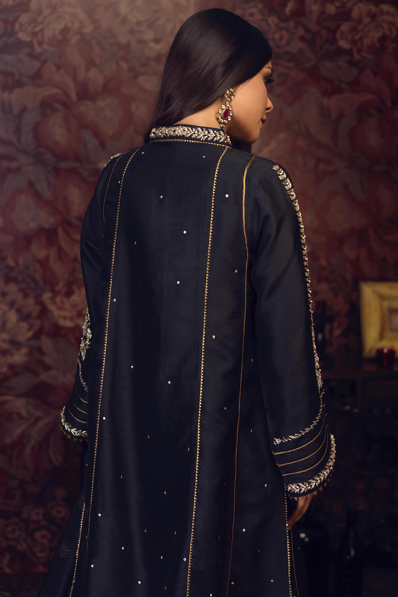 Black Embroidered PK Raw Silk Kalidar (3-Piece) - Image 3