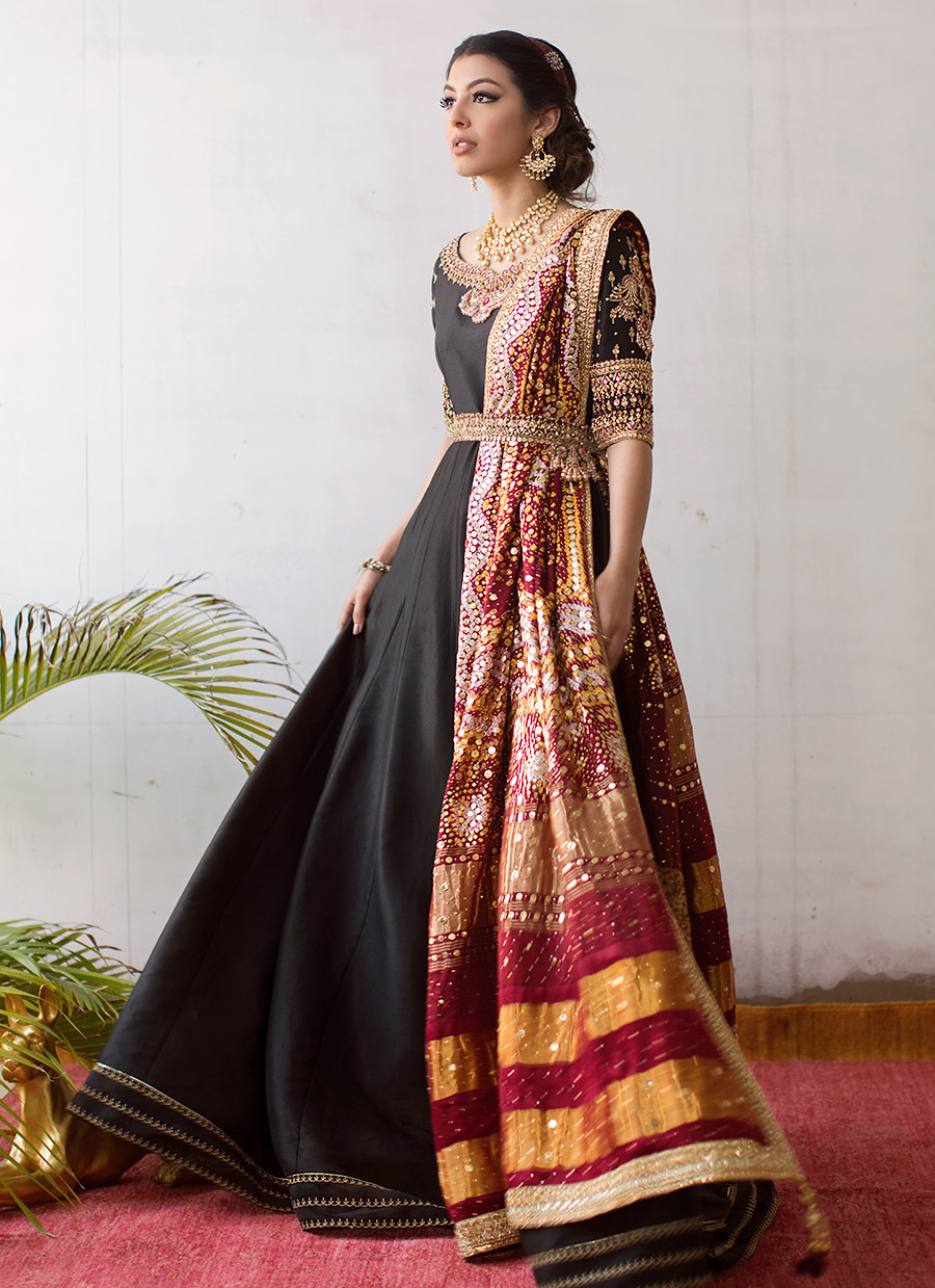 Black Hand-Embellished Raw Silk Kalidaar (2-Piece) - Image 1