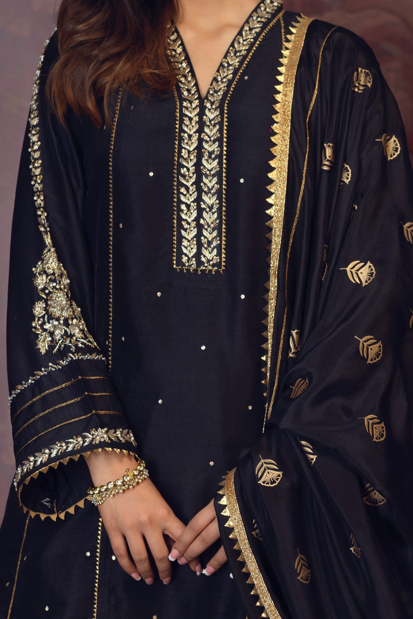 Pakistani Black Embroidered PK Raw Silk Kalidar (3-Piece) - Image 1