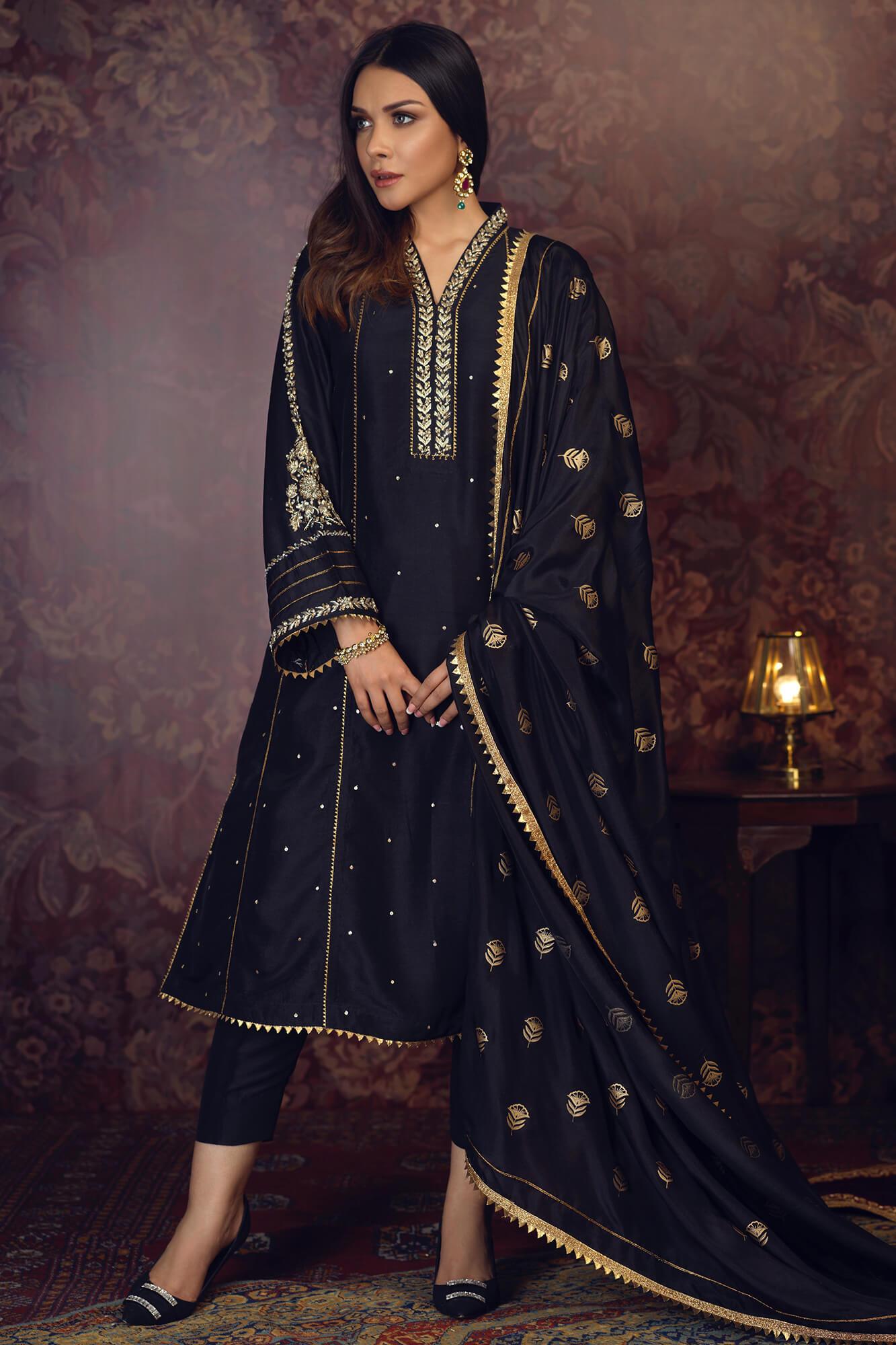 Pakistani Black Embroidered PK Raw Silk Kalidar (3-Piece) - Image 2