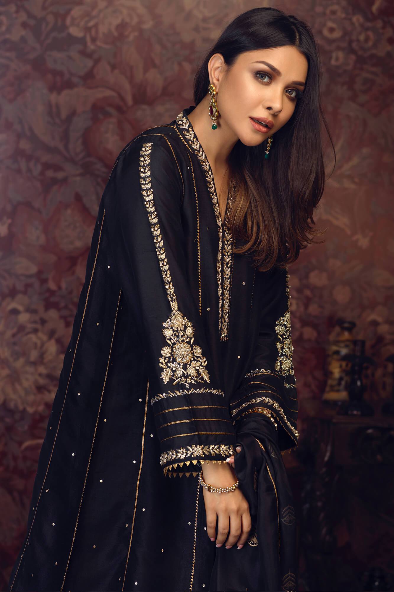 Pakistani Black Embroidered PK Raw Silk Kalidar (3-Piece) - Image 4
