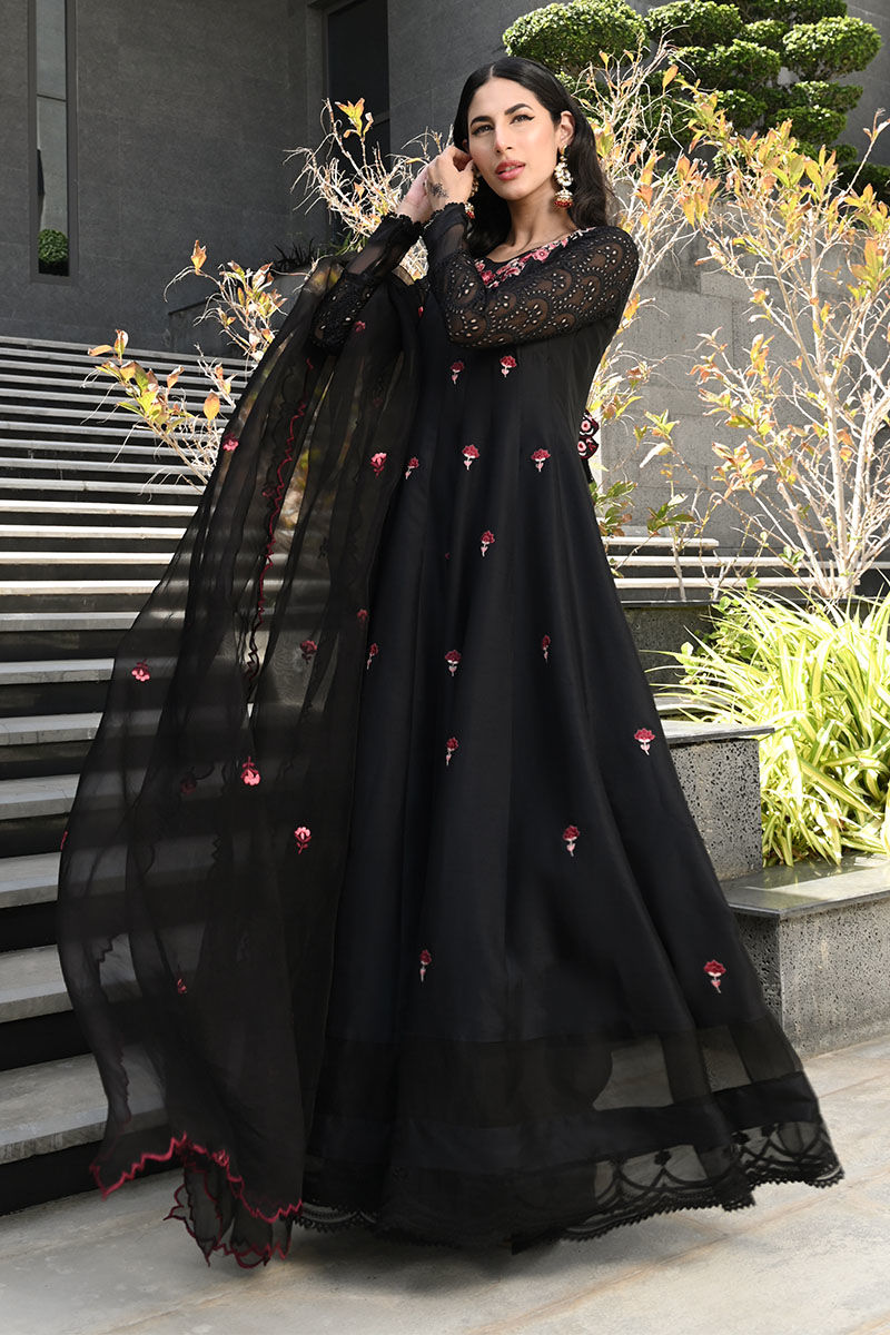 Pakistani Black Embroidered Pure Raw Silk Kalidar (3-Piece) - Image 1