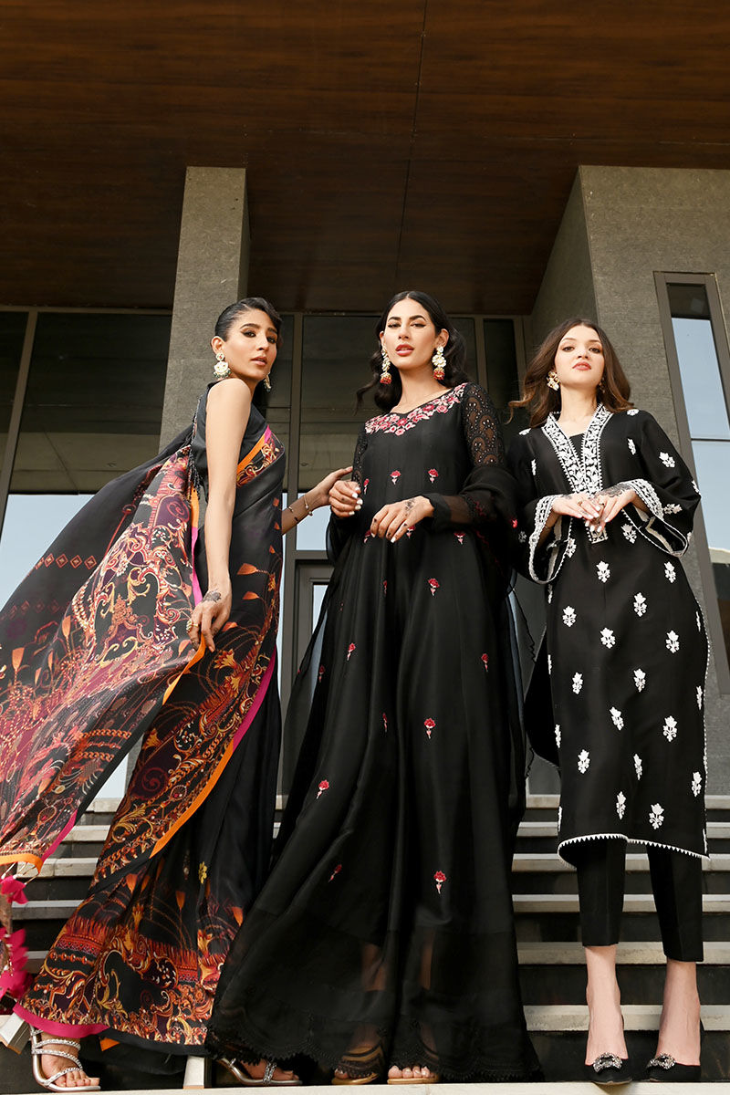Pakistani Black Embroidered Pure Raw Silk Kalidar (3-Piece) - Image 10