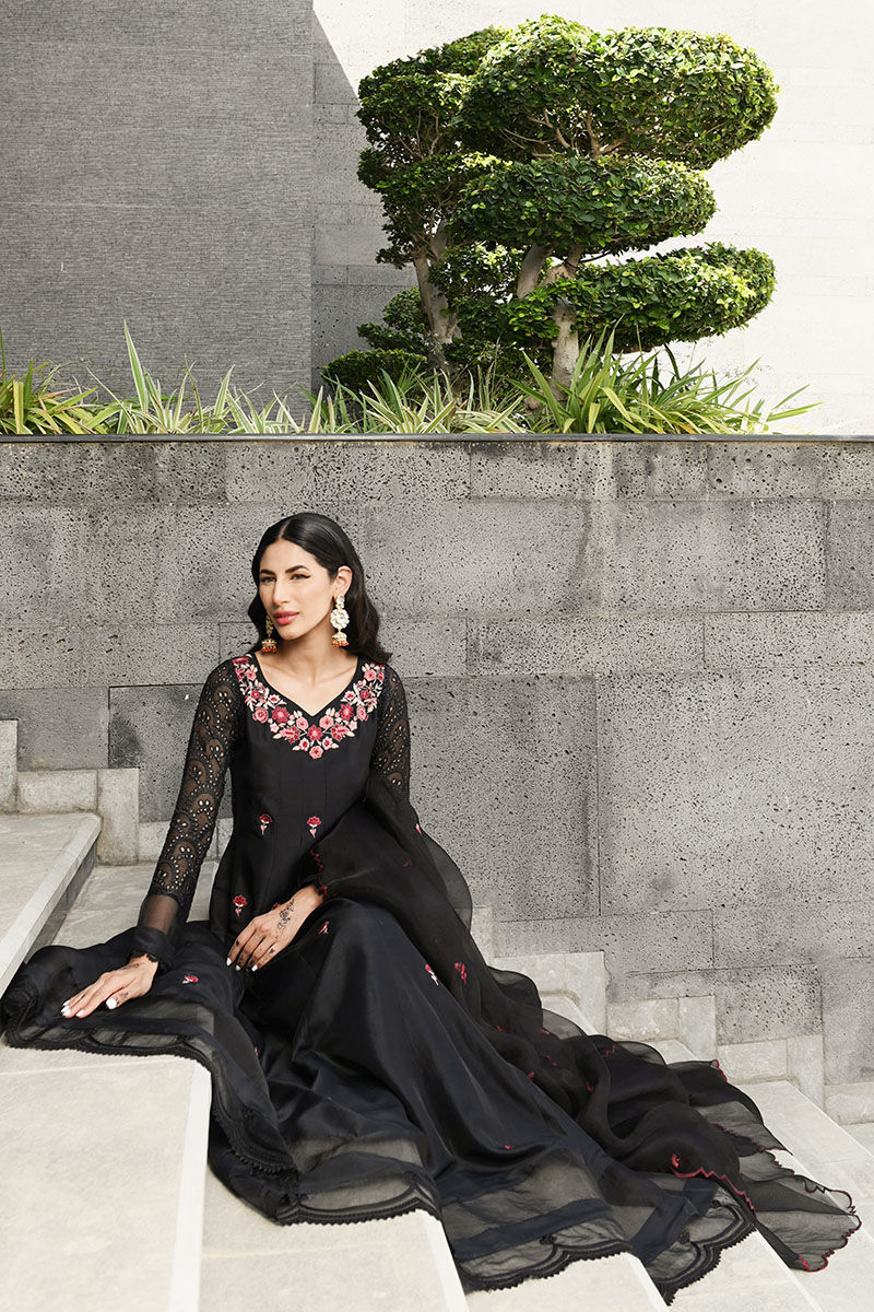 Pakistani Black Embroidered Pure Raw Silk Kalidar (3-Piece) - Image 3