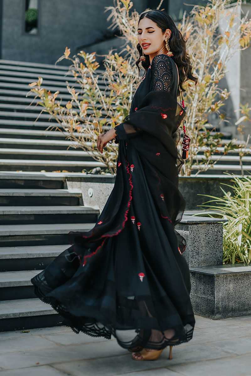 Pakistani Black Embroidered Pure Raw Silk Kalidar (3-Piece) - Image 4