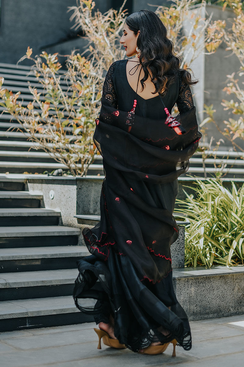 Pakistani Black Embroidered Pure Raw Silk Kalidar (3-Piece) - Image 5