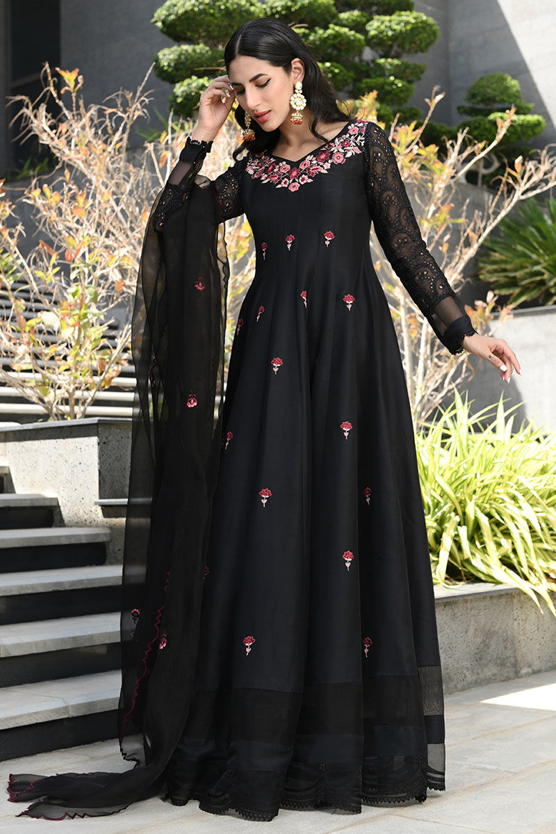 Pakistani Black Embroidered Pure Raw Silk Kalidar (3-Piece) - Image 6