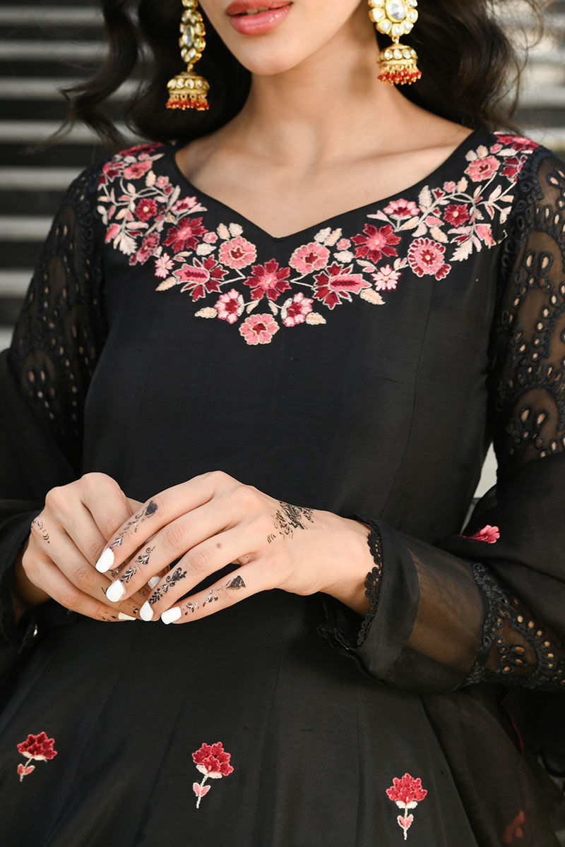 Pakistani Black Embroidered Pure Raw Silk Kalidar (3-Piece) - Image 8