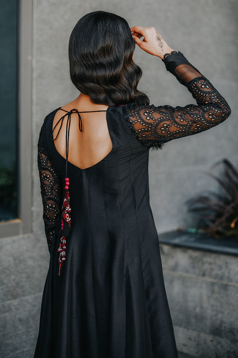 Pakistani Black Embroidered Pure Raw Silk Kalidar (3-Piece) - Image 9