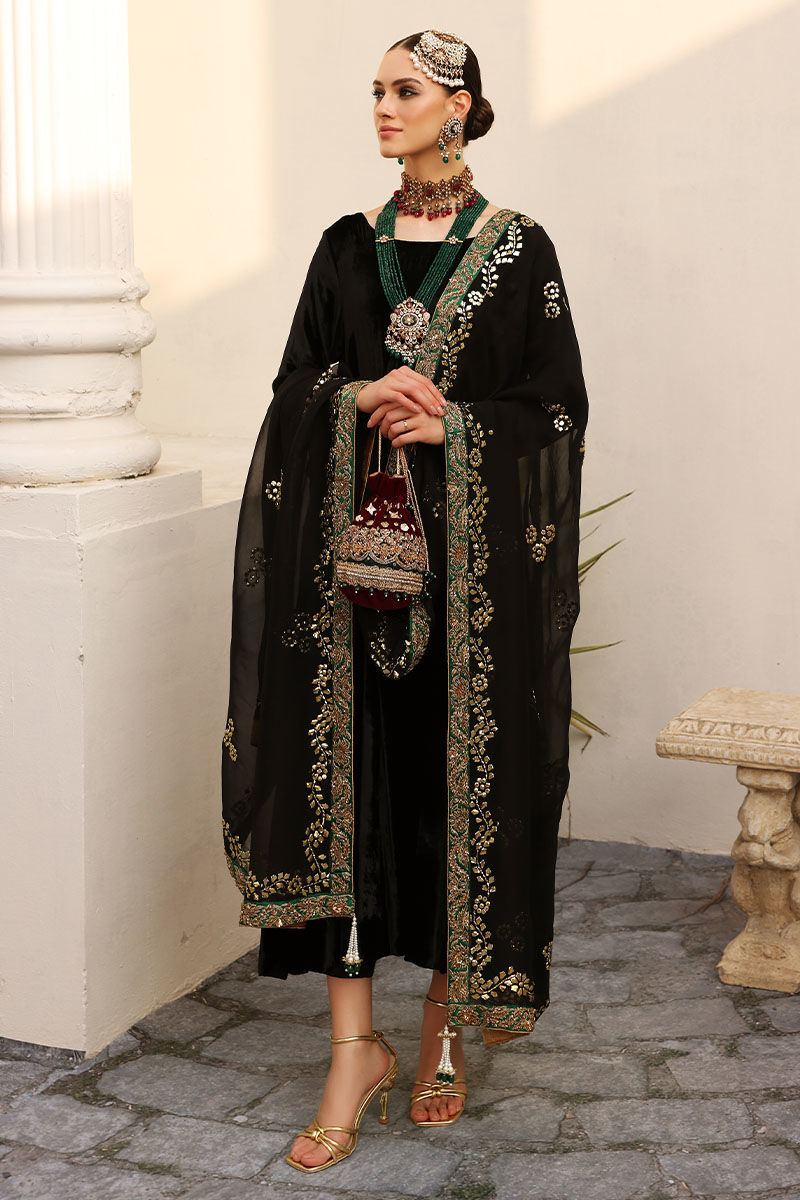 Pakistani Black Kaamdani Velvet Kalidaar Dress (3-Piece) - Image 1