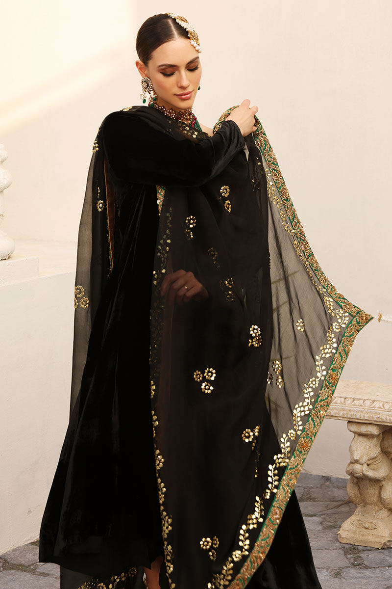 Pakistani Black Kaamdani Velvet Kalidaar Dress (3-Piece) - Image 10