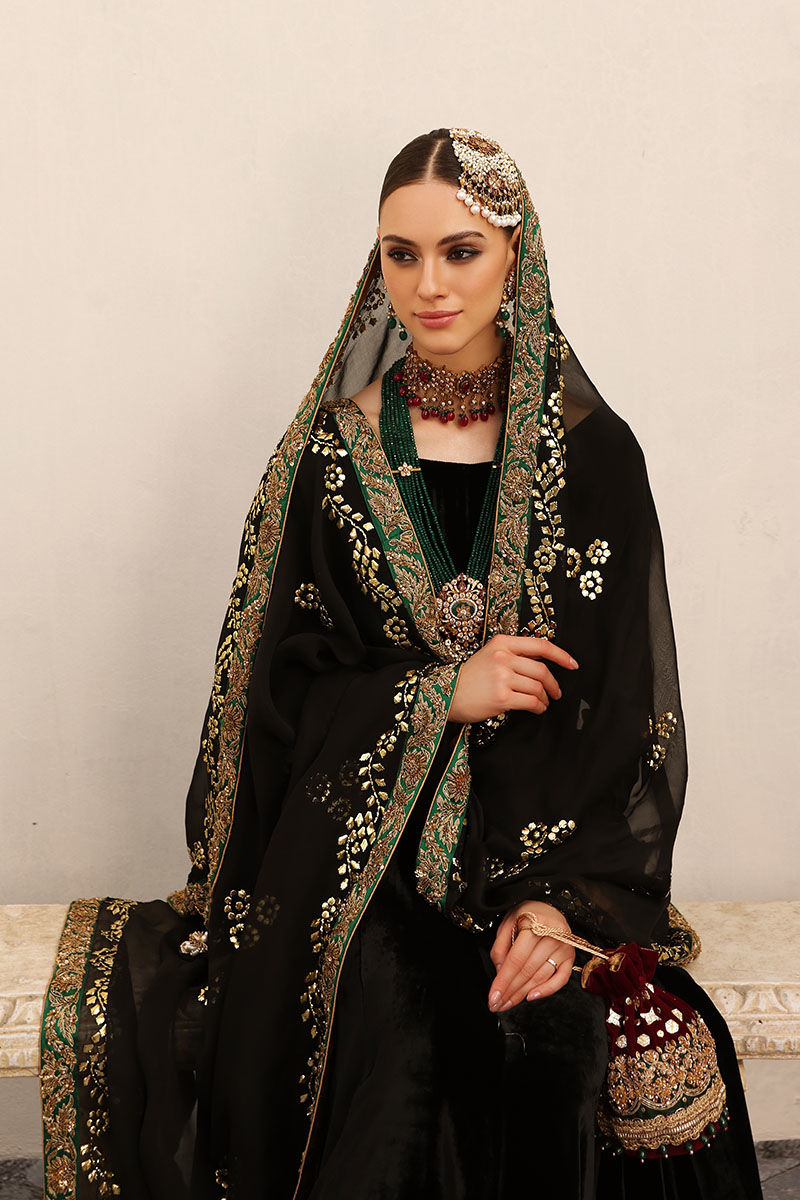Pakistani Black Kaamdani Velvet Kalidaar Dress (3-Piece) - Image 3