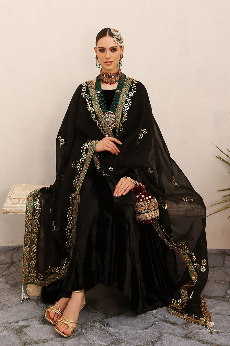 Pakistani Black Kaamdani Velvet Kalidaar Dress (3-Piece) - Image 5