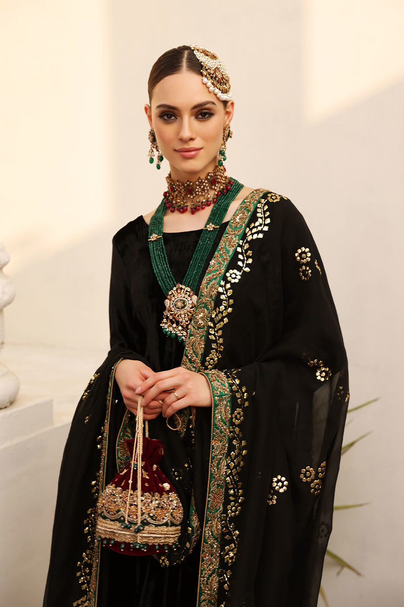 Pakistani Black Kaamdani Velvet Kalidaar Dress (3-Piece) - Image 6