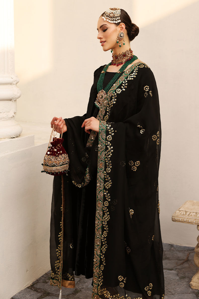 Pakistani Black Kaamdani Velvet Kalidaar Dress (3-Piece) - Image 7