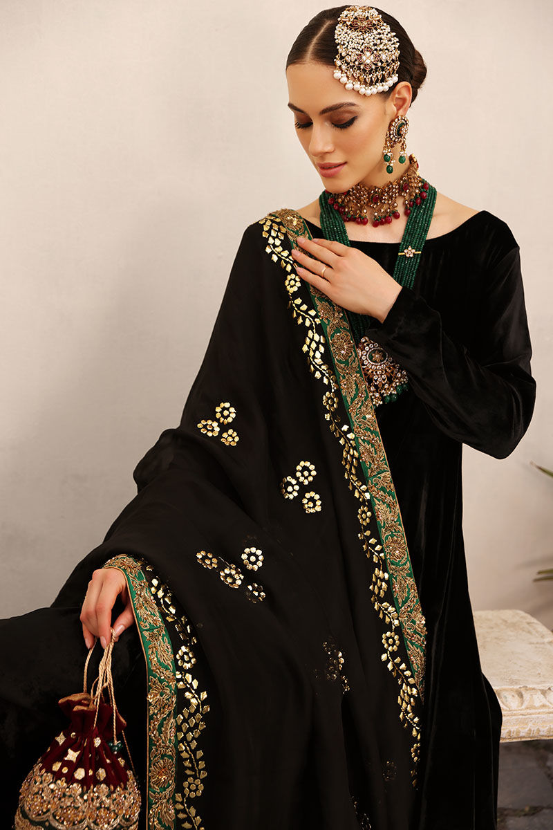 Pakistani Black Kaamdani Velvet Kalidaar Dress (3-Piece) - Image 8