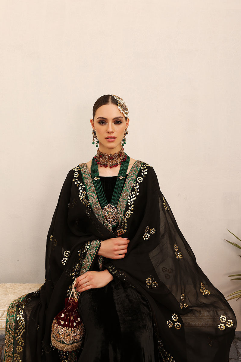 Pakistani Black Kaamdani Velvet Kalidaar Dress (3-Piece) - Image 9