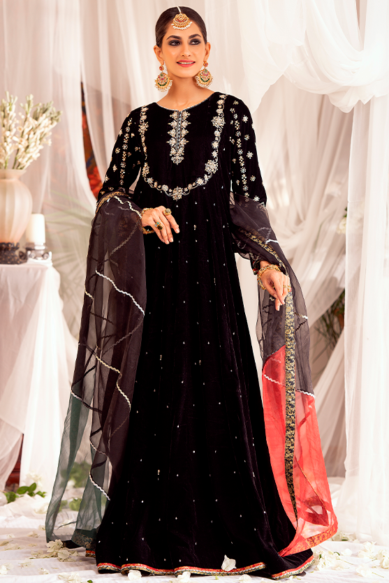 Black Hand Embroidered Velvet Kalidaar (3-Piece) - Image 4