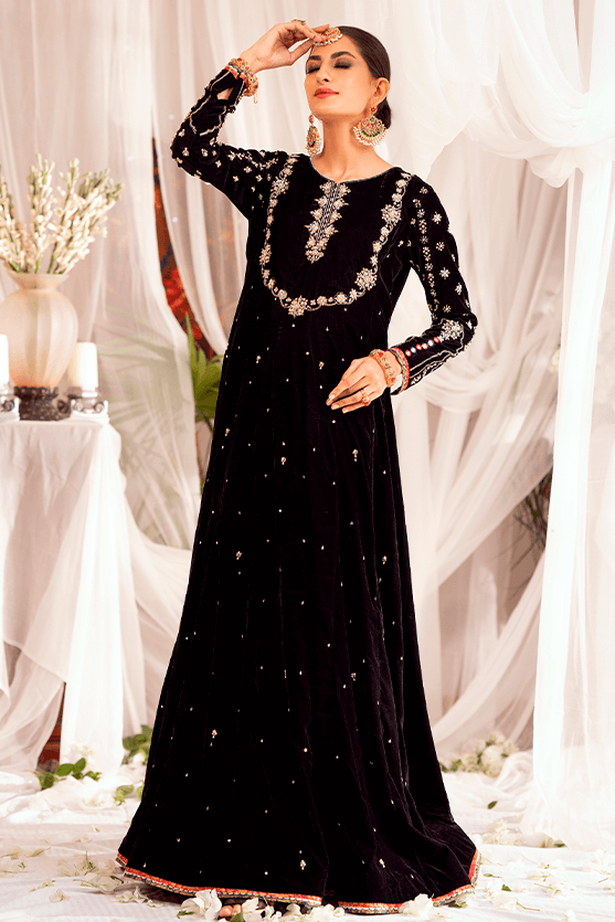Black Hand Embroidered Velvet Kalidaar (3-Piece) - Image 2