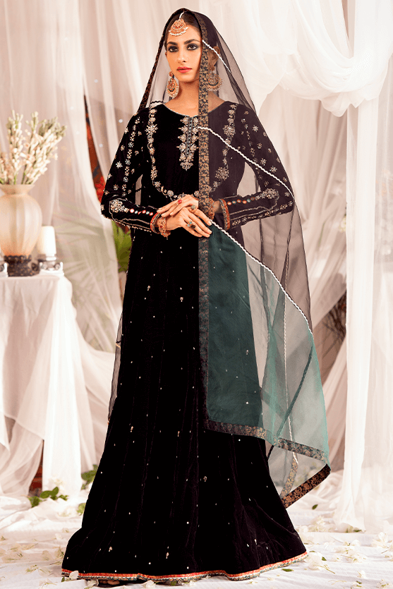 Black Hand Embroidered Velvet Kalidaar (3-Piece) - Image 5