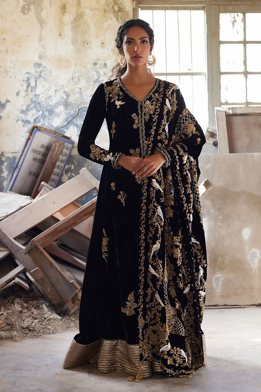 Pakistani Black Zardozi & Vasli Velvet Kalidar (3-Piece) - Image 1