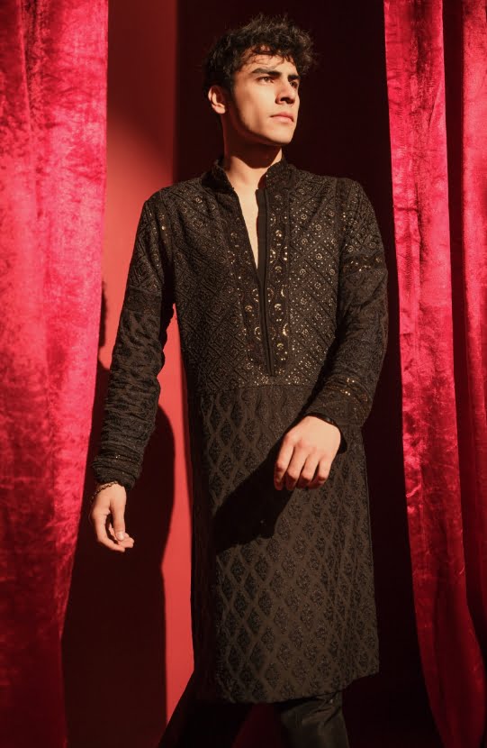 Black Chikankari Boski Kurta with Raw Silk Pants (2-Piece) - Image 1